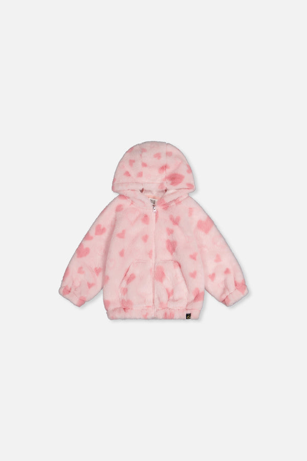 Baby Hooded Full Zip Faux Fur Jacket Pink Printed With Hearts