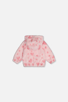 Baby-Kapuzenjacke mit durchgehendem Reißverschluss aus Kunstpelz, rosa mit Herzmuster