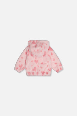 Baby-Kapuzenjacke mit durchgehendem Reißverschluss aus Kunstpelz, rosa mit Herzmuster