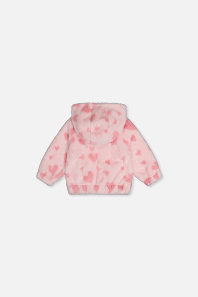 Baby Hooded Full Zip Faux Fur Jacket Pink Printed With Hearts