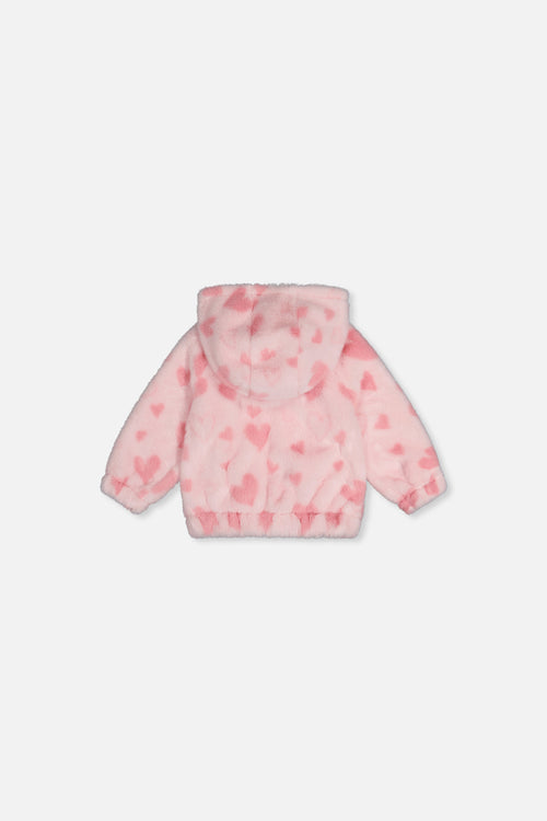 Baby Hooded Full Zip Faux Fur Jacket Pink Printed With Hearts