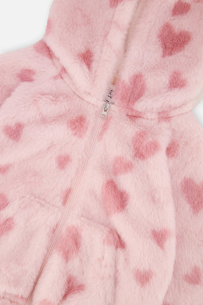 Baby Hooded Full Zip Faux Fur Jacket Pink Printed With Hearts