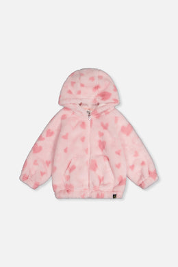 Hooded Full Zip Faux Fur Jacket Pink Printed With Hearts