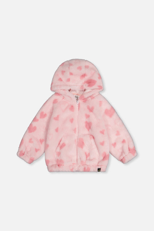 Veste zippée avec capuchon en fausse fourrure rose imprimé cœurs