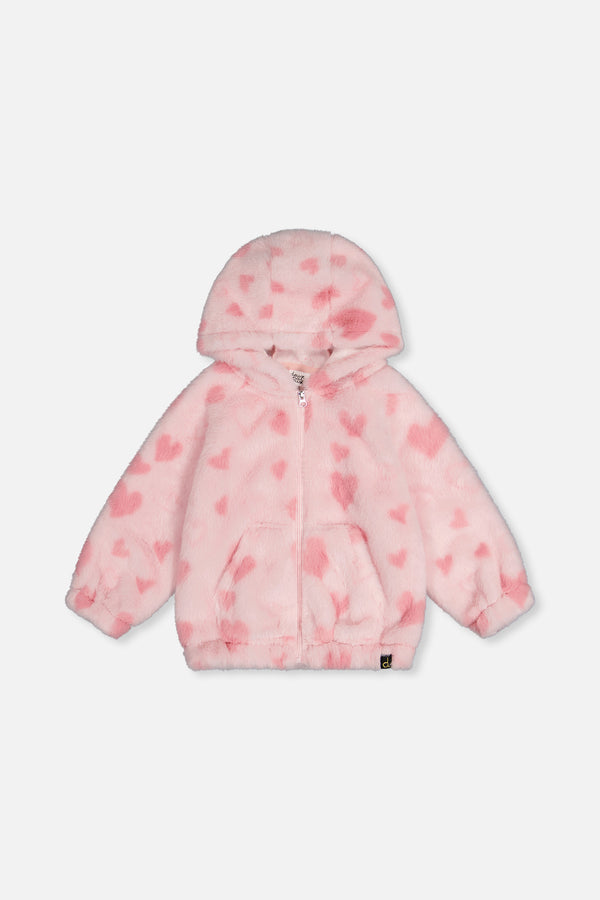 Veste zippée avec capuchon en fausse fourrure rose imprimé cœurs