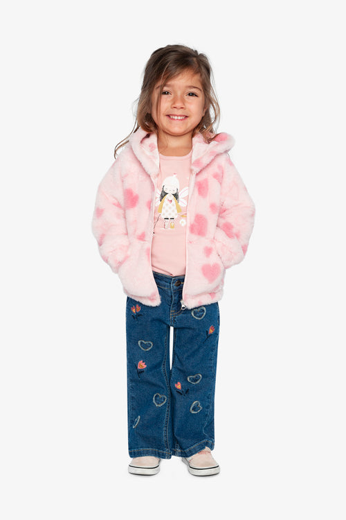 Veste zippée avec capuchon en fausse fourrure rose imprimé cœurs