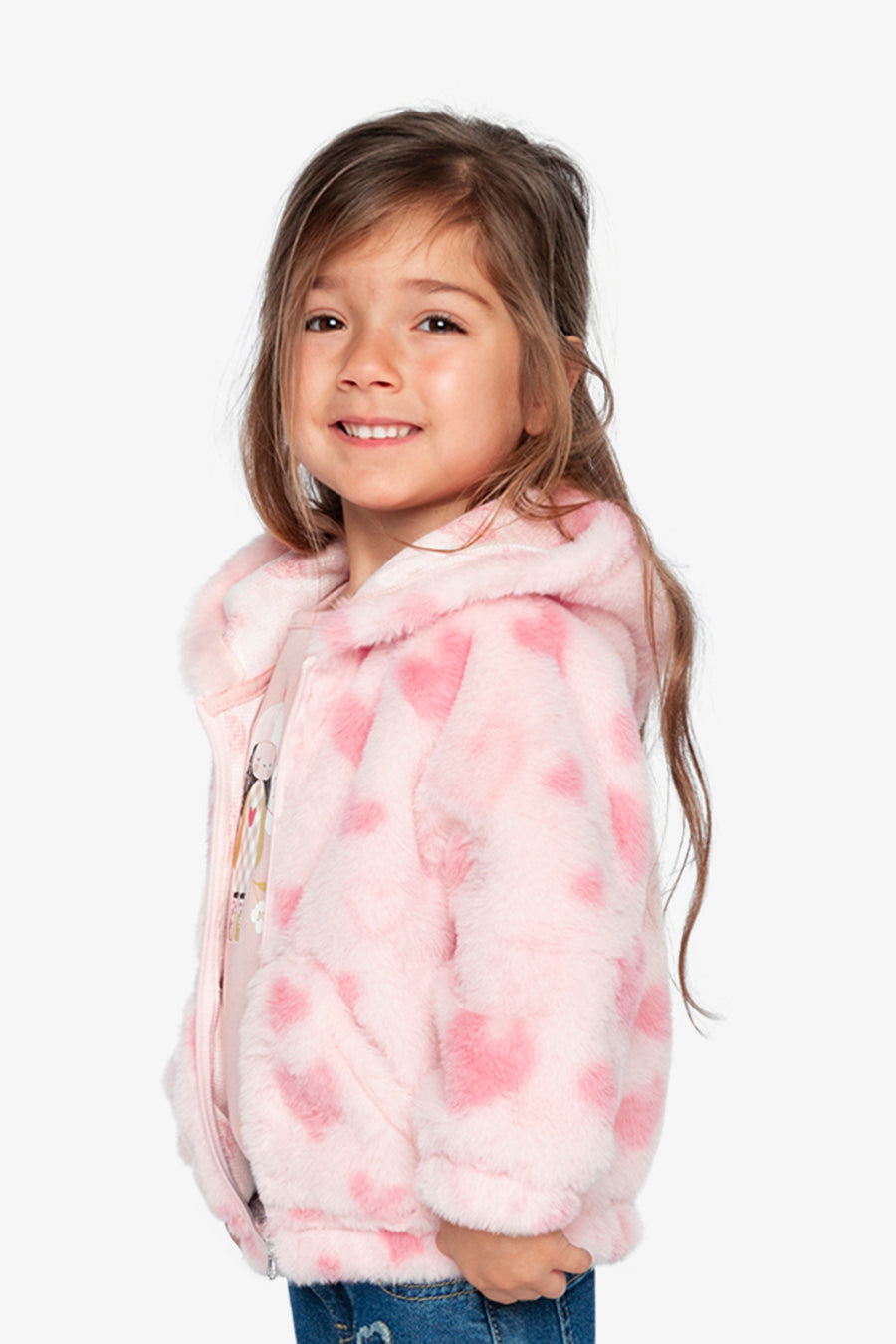 Veste zippée avec capuchon en fausse fourrure rose imprimé cœurs
