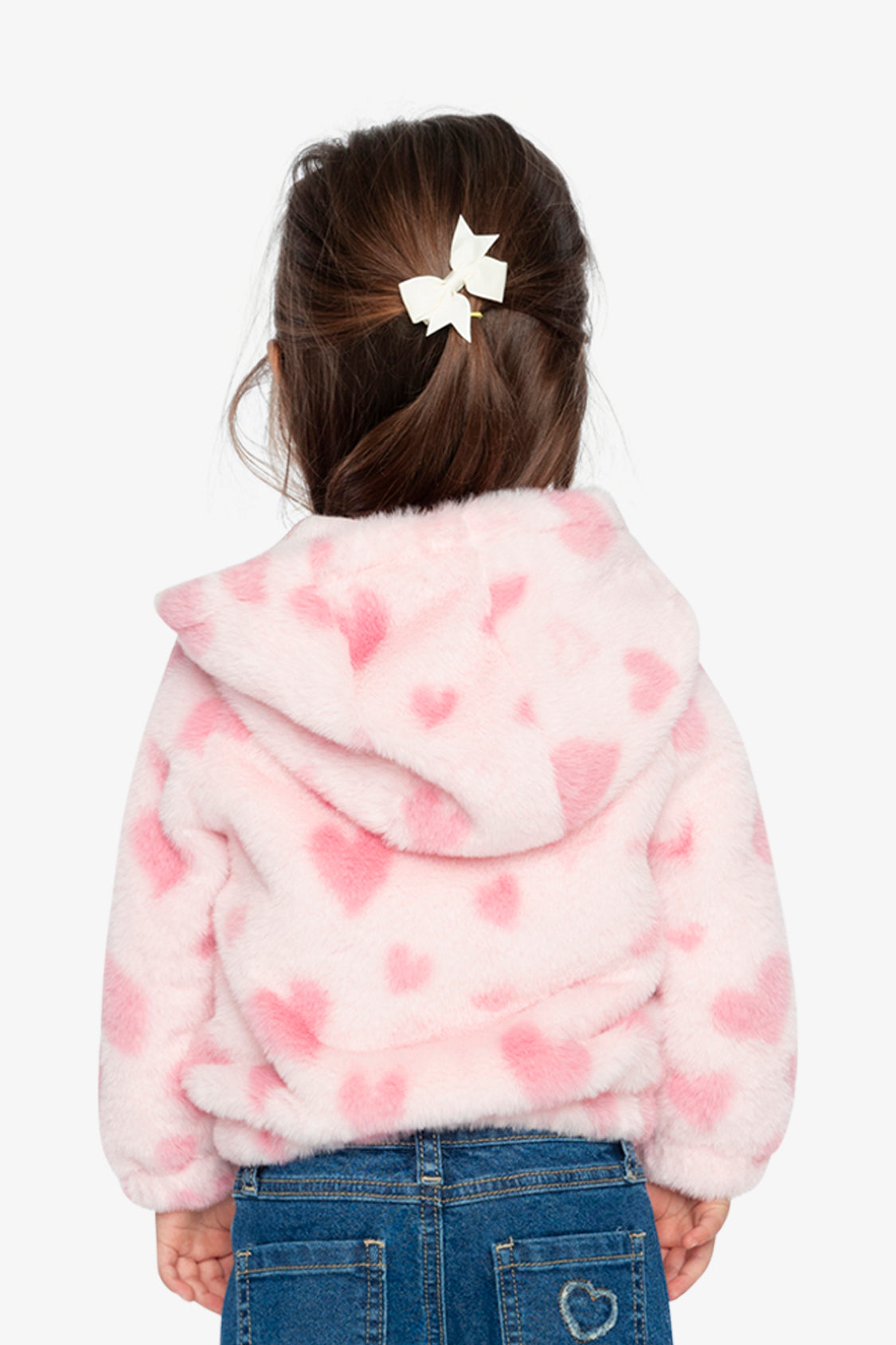 Veste zippée avec capuchon en fausse fourrure rose imprimé cœurs