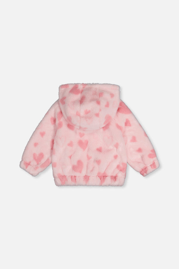 Veste zippée avec capuchon en fausse fourrure rose imprimé cœurs