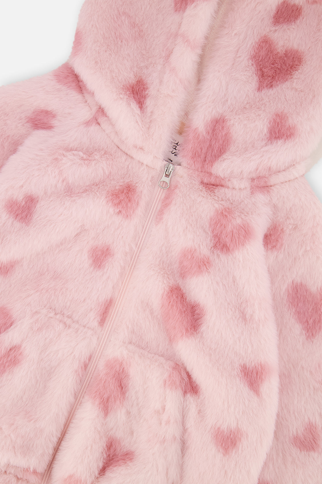 Veste zippée avec capuchon en fausse fourrure rose imprimé cœurs