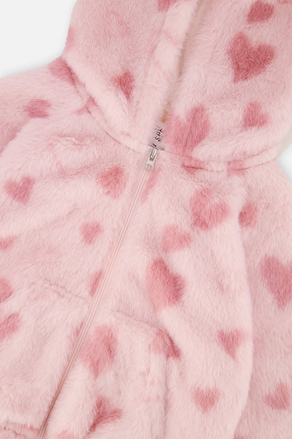 Veste zippée avec capuchon en fausse fourrure rose imprimé cœurs