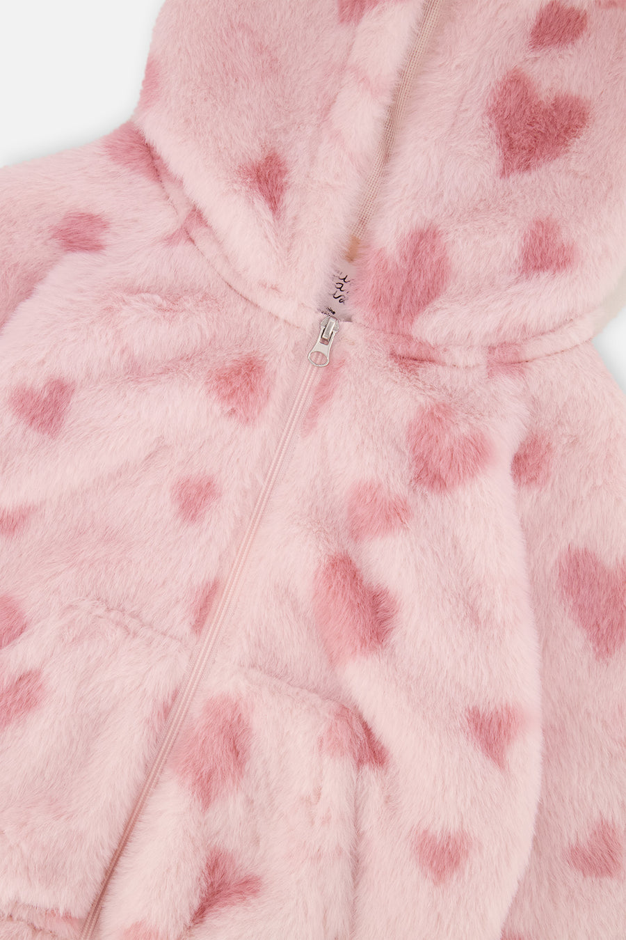 Veste zippée avec capuchon en fausse fourrure rose imprimé cœurs