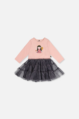 Robe bi-matière vieux rose pâle et bleu marine pour bébé