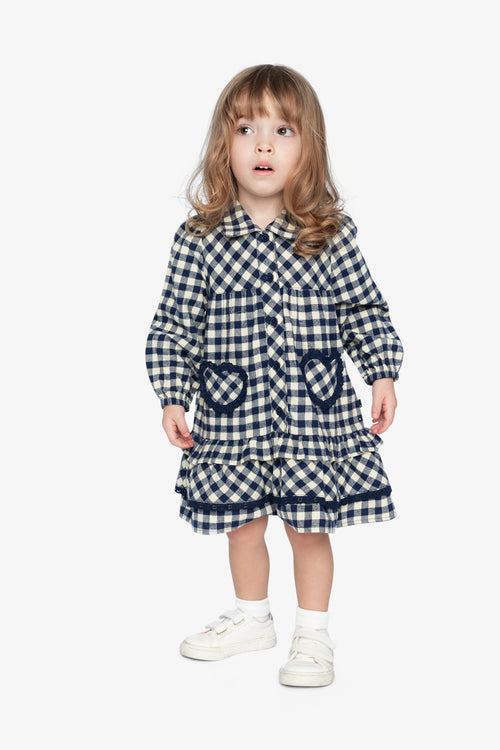 Robe chemisier à volants carreaux bleu et blanc