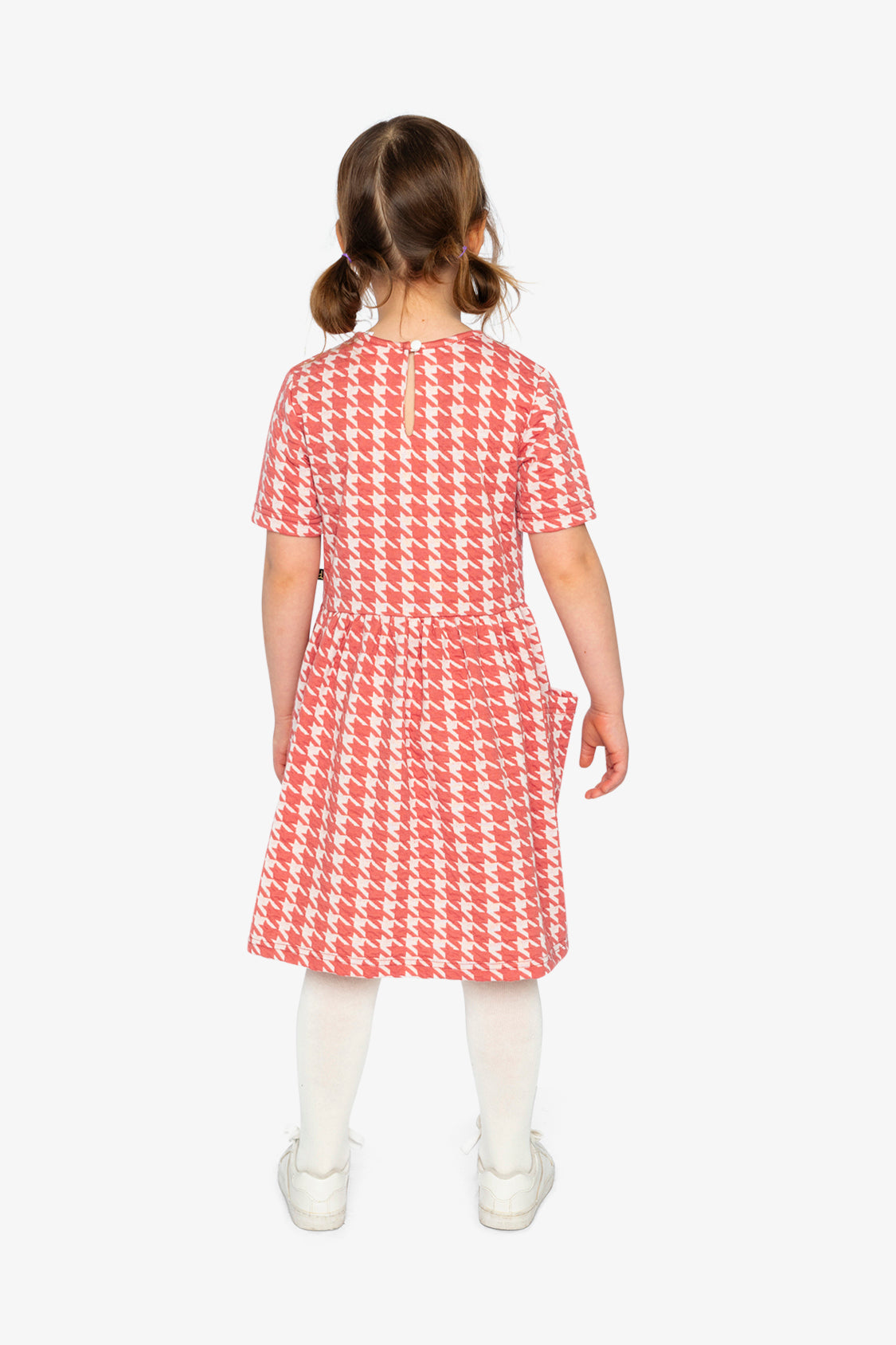 Short Sleeve Dress With Pockets Pink And White Houndstooth - J20G87_2J250