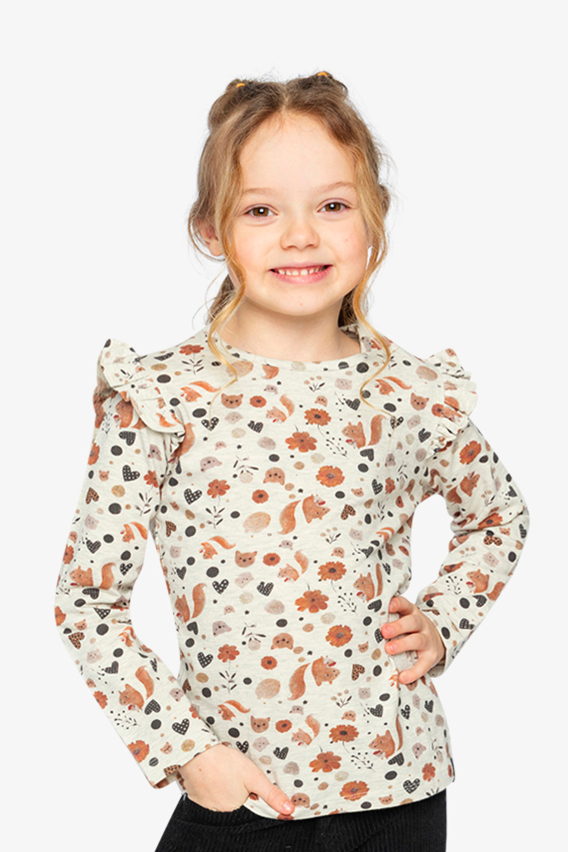 Long Sleeve Organic Cotton T-Shirt Beige With Squirrel Print - J20H70_2J288