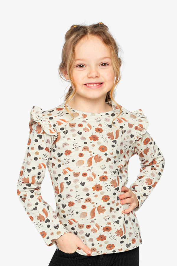 Long Sleeve Organic Cotton T-Shirt Beige With Squirrel Print - J20H70_2J288
