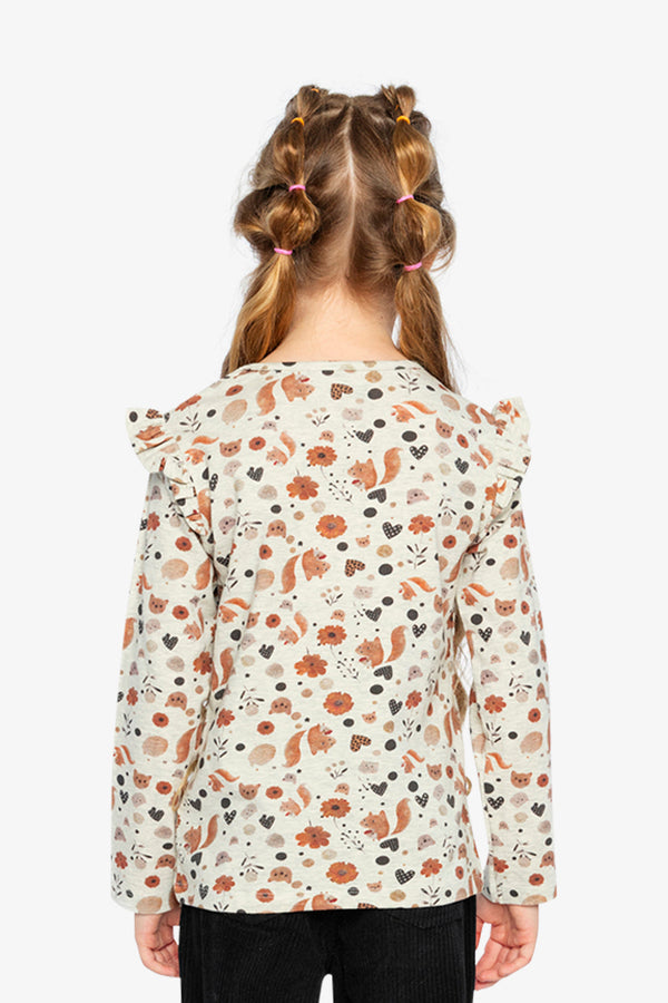 Long Sleeve Organic Cotton T-Shirt Beige With Squirrel Print - J20H70_2J288