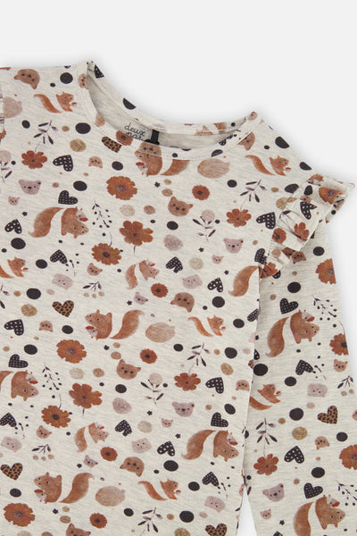 Long Sleeve Organic Cotton T-Shirt Beige With Squirrel Print - J20H70_2J288