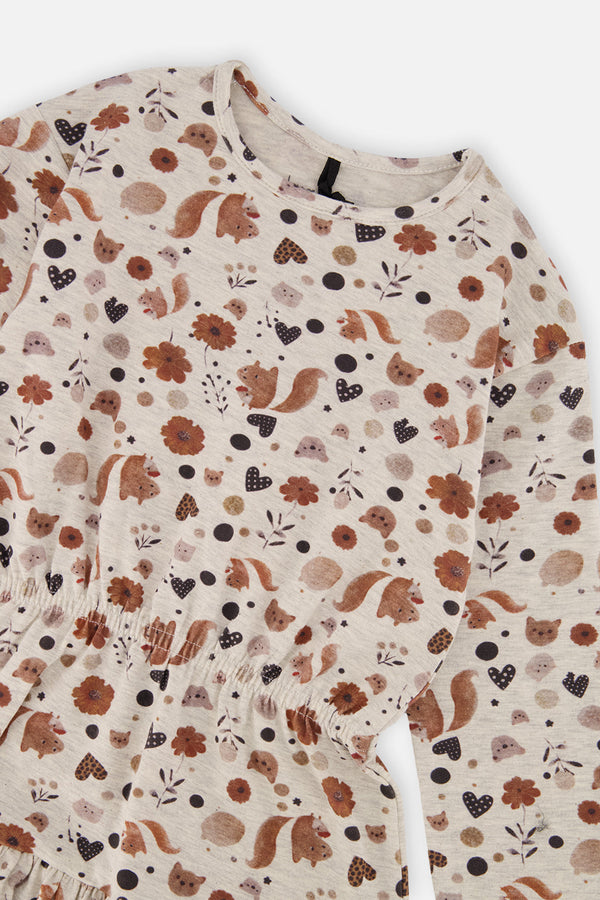 Organic Cotton Dress Beige With Squirrel Print - J20H87_2J288