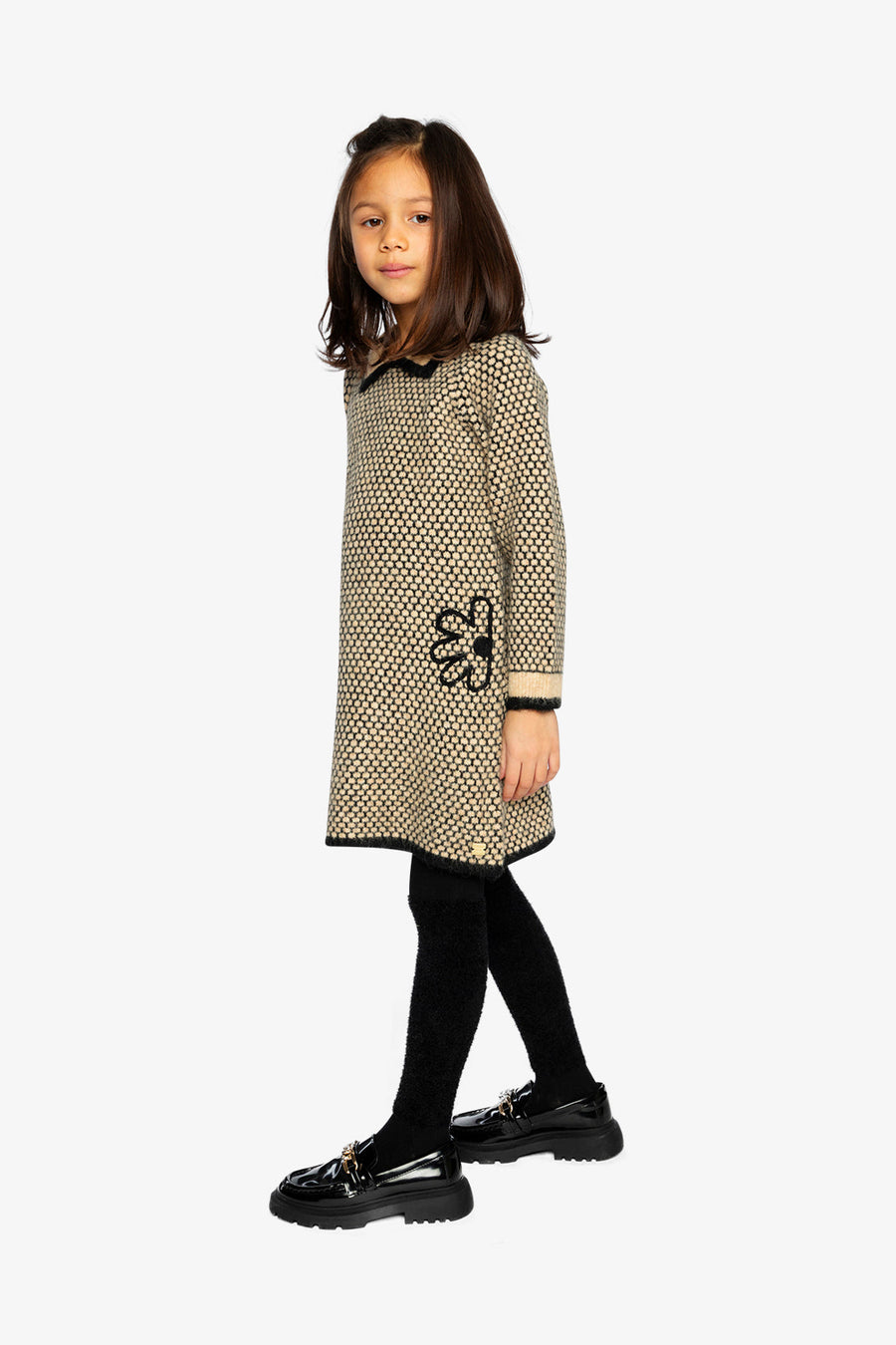 Knit Dress With Collar Beige And Black - J20HT85_09990