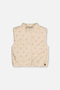 Corduroy Puffy Vest Beige Floral Print