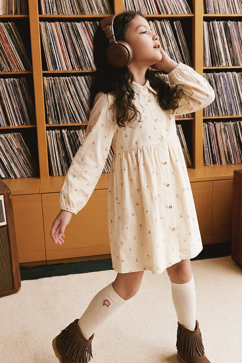 Robe chemisier en velours côtelé beige imprimé fleurs