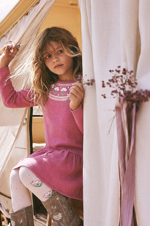 Robe en tricot avec jacquard de fleurs rose framboise