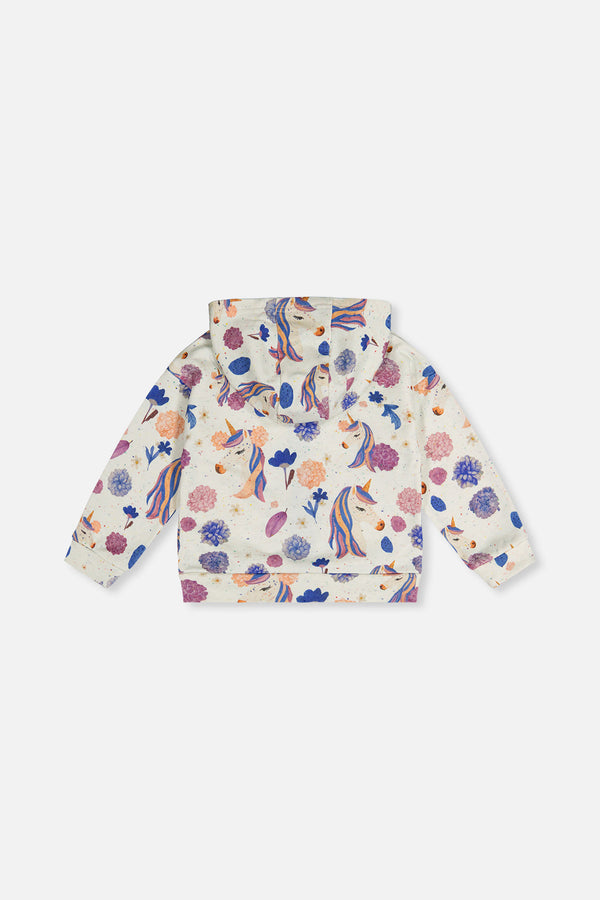 Hooded Zipped French Terry Cardigan Beige Unicorn Print - J20L32_2J290