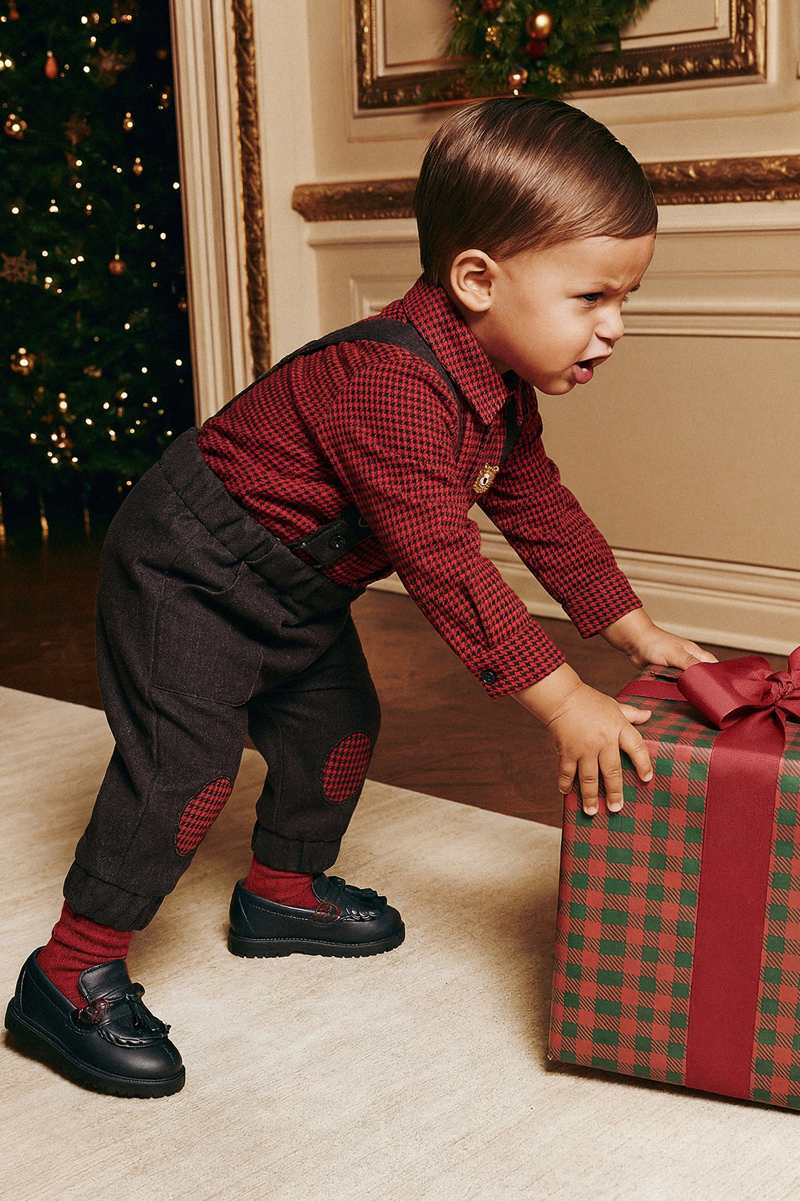 Ensemble haut et pantalon pied de poule noir et rouge pour bébé