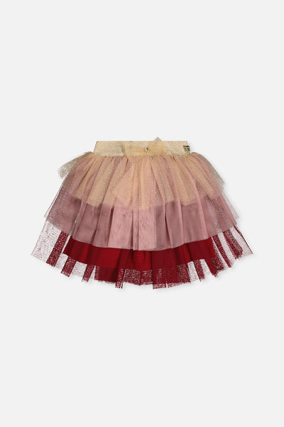 Multi Layer Glittering Mesh Skirt Red, Pink And Beige - J20OG80_2J312