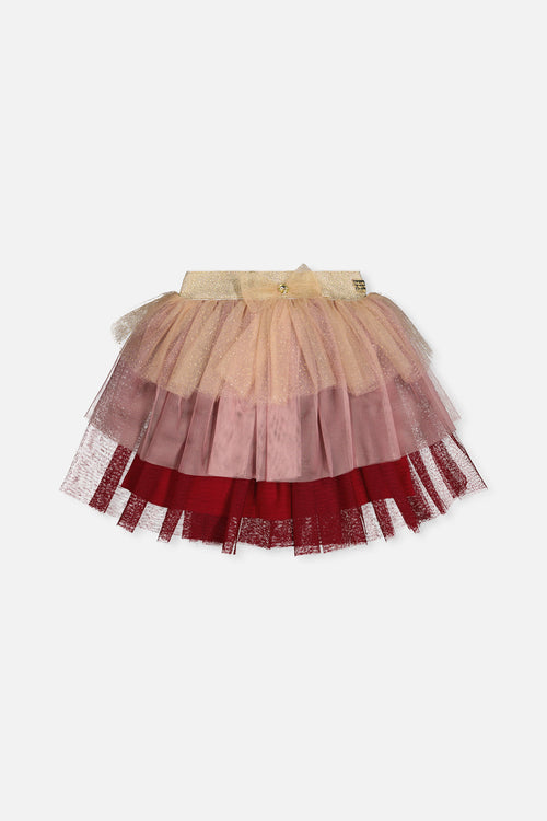 Multi Layer Glittering Mesh Skirt Red, Pink And Beige - J20OG80_2J312