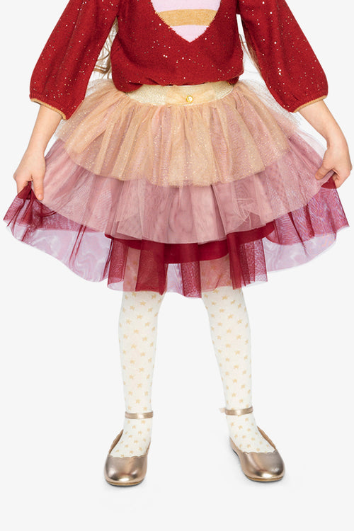 Multi Layer Glittering Mesh Skirt Red, Pink And Beige - J20OG80_2J312