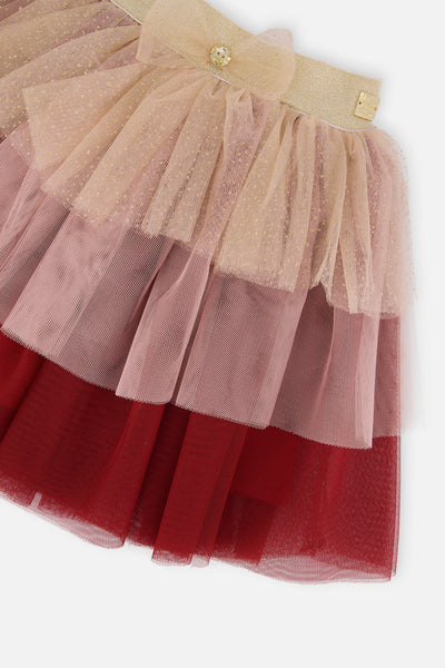 Multi Layer Glittering Mesh Skirt Red, Pink And Beige - J20OG80_2J312