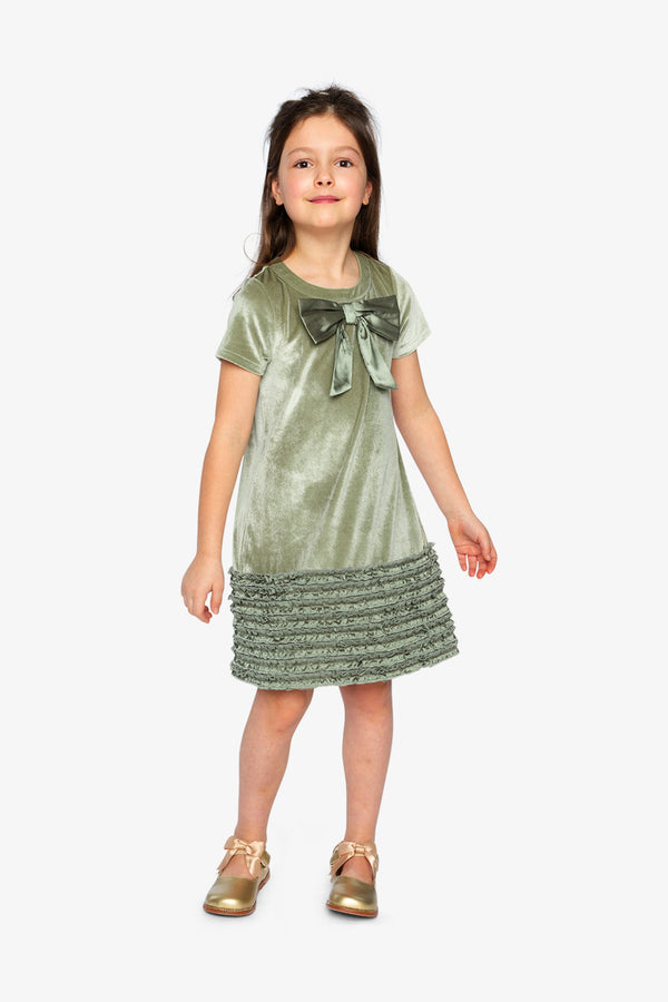 Short Sleeve A Line Dress With Bow Greyish Green - J20OG88_03400