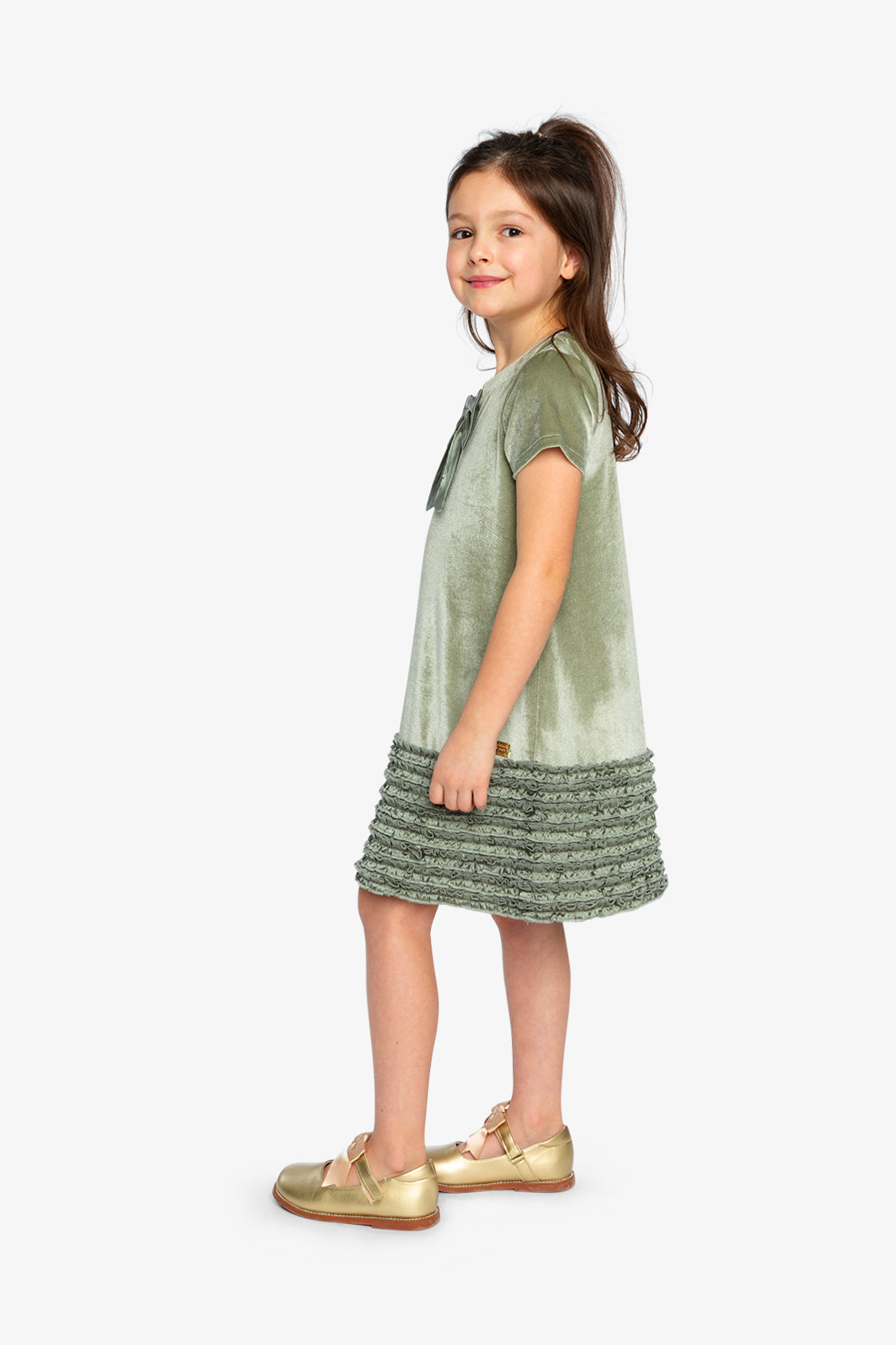Short Sleeve A Line Dress With Bow Greyish Green - J20OG88_03400