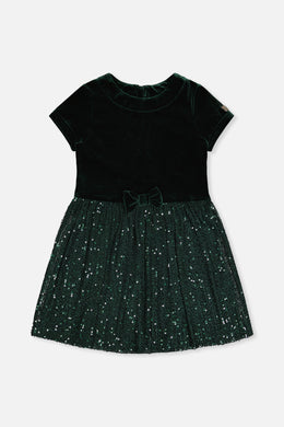 Bi-Material Short Sleeve Dress With Glittering Skirt Green Forest - J20OG90_03930