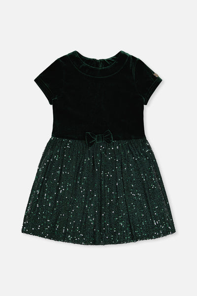 Bi-Material Short Sleeve Dress With Glittering Skirt Green Forest - J20OG90_03930