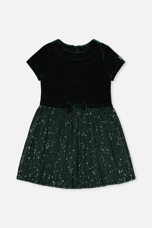 Bi-Material Short Sleeve Dress With Glittering Skirt Green Forest - J20OG90_03930