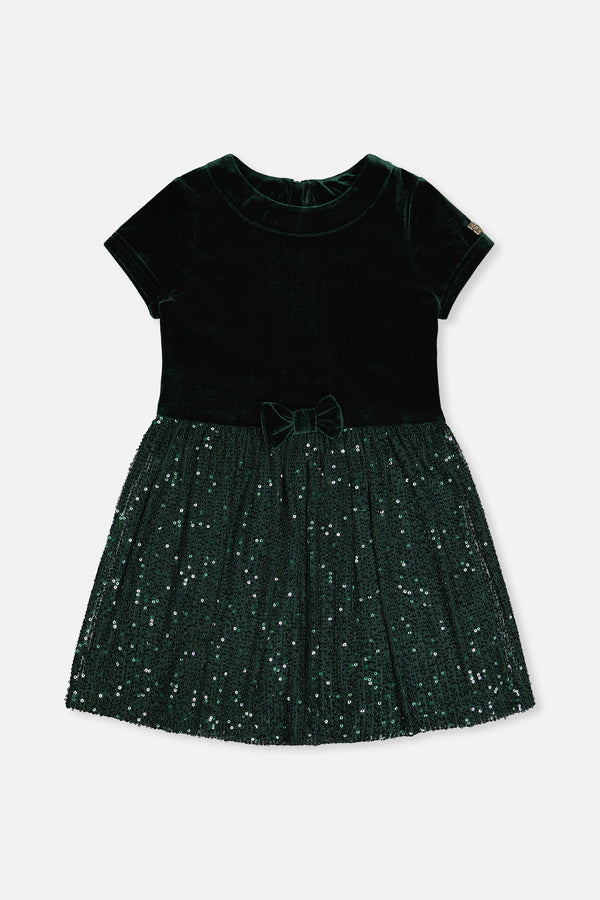 Bi-Material Short Sleeve Dress With Glittering Skirt Green Forest - J20OG90_03930