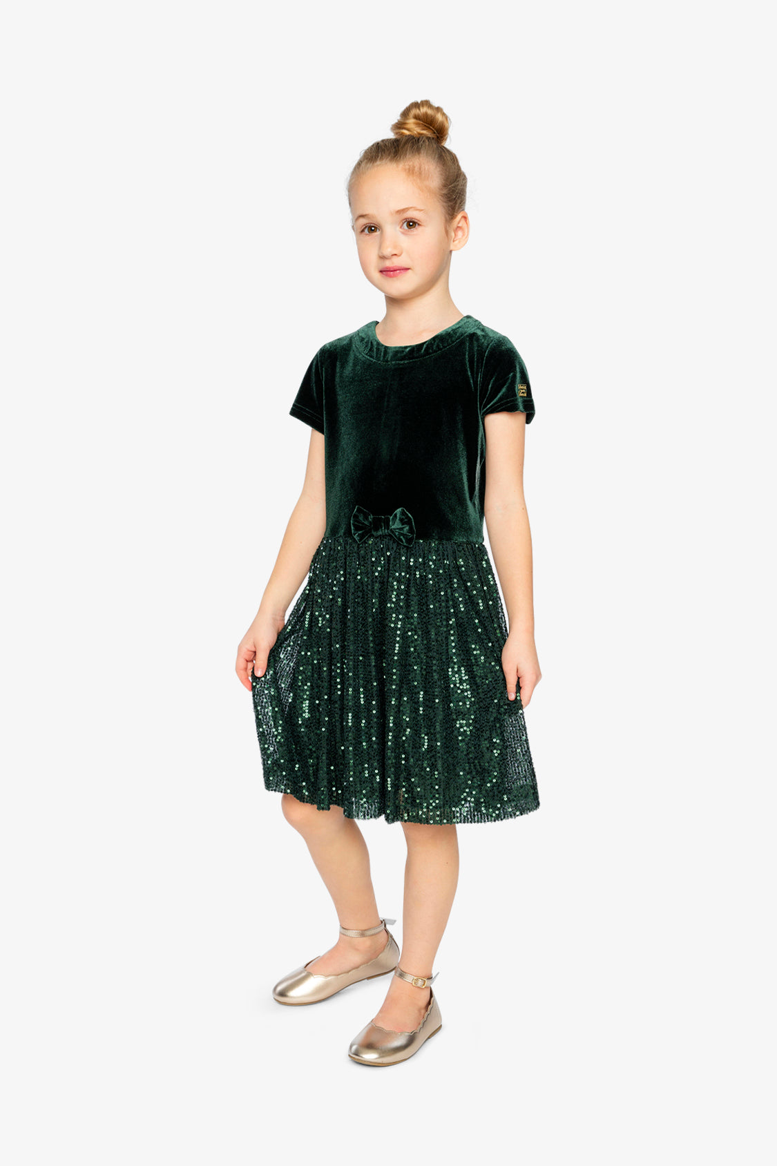 Bi-Material Short Sleeve Dress With Glittering Skirt Green Forest - J20OG90_03930