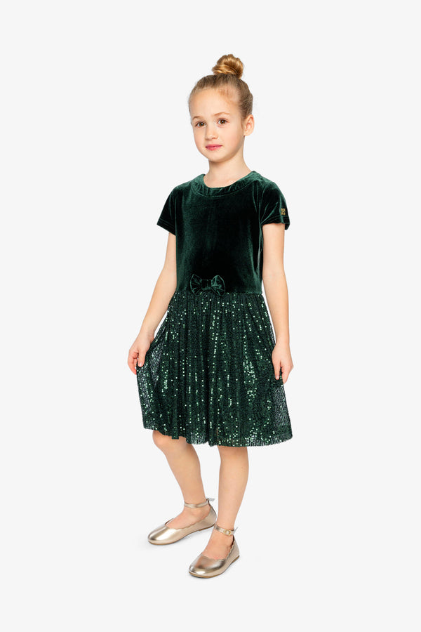 Bi-Material Short Sleeve Dress With Glittering Skirt Green Forest - J20OG90_03930