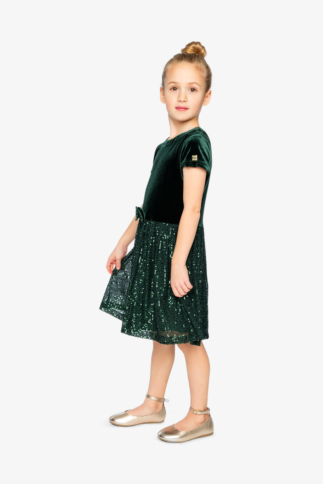 Bi-Material Short Sleeve Dress With Glittering Skirt Green Forest - J20OG90_03930
