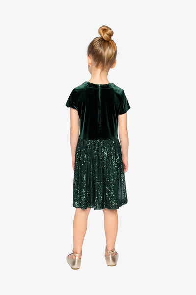 Bi-Material Short Sleeve Dress With Glittering Skirt Green Forest - J20OG90_03930