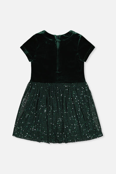 Bi-Material Short Sleeve Dress With Glittering Skirt Green Forest - J20OG90_03930
