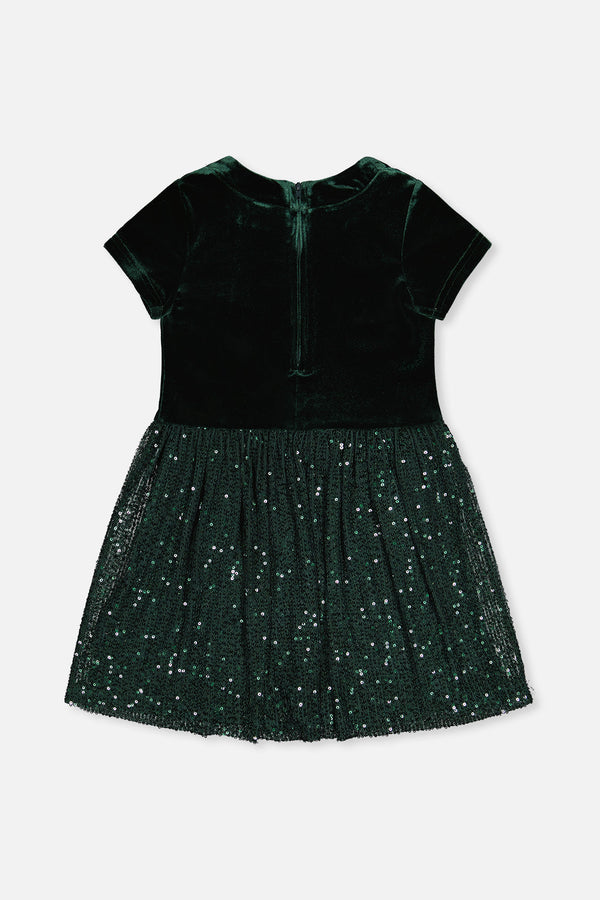 Bi-Material Short Sleeve Dress With Glittering Skirt Green Forest - J20OG90_03930