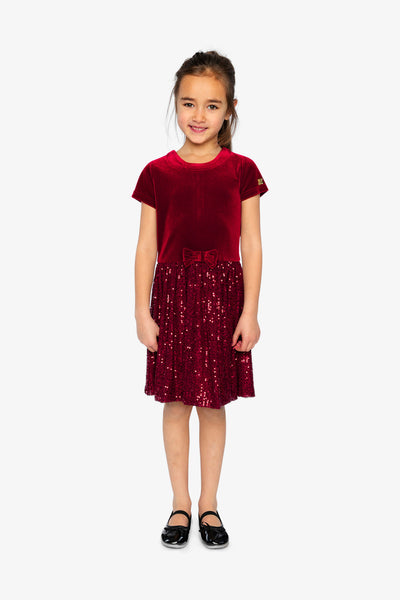 Bi-Material Short Sleeve Dress With Glittering Skirt Red - J20OG90_07750
