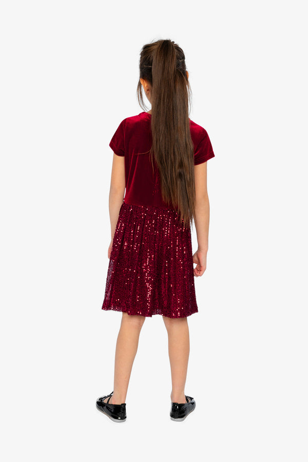Bi-Material Short Sleeve Dress With Glittering Skirt Red - J20OG90_07750