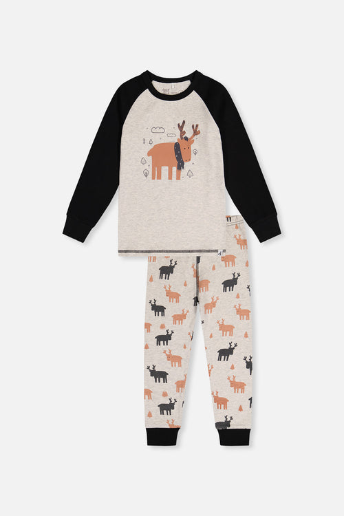 Organic Cotton Two Piece Pajama Set Beige Elk Print - J20PB10_2J229