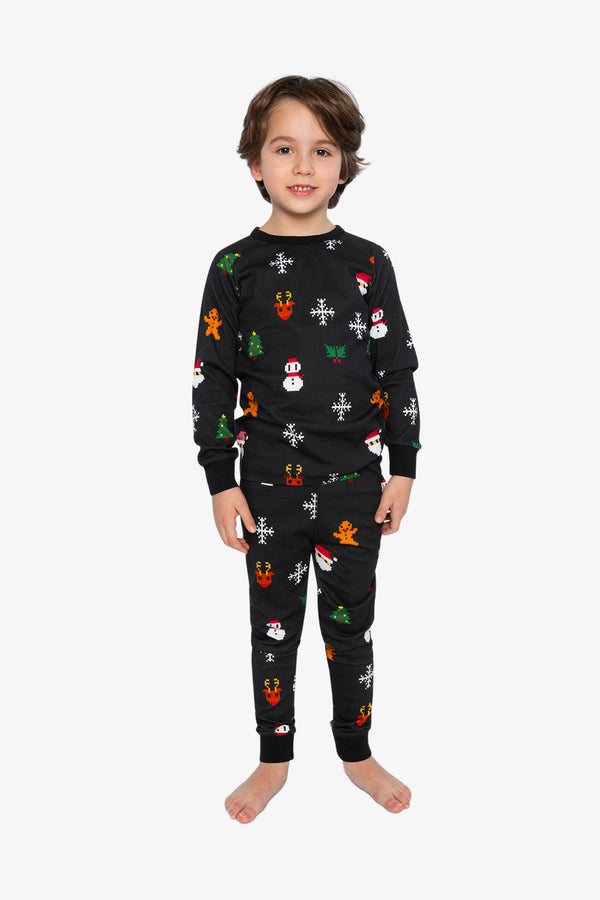 Organic Cotton Two Piece Pajama Set Black Christmas Pixel Print - J20PB10_2J232